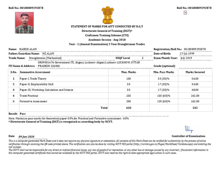 Marksheet ITI 1st | PDF