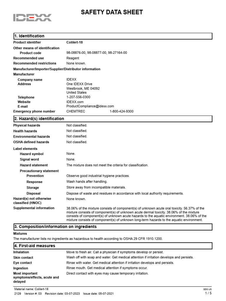Idexx Colilert 18 Wp2001 18 | PDF | Dangerous Goods | Toxicity