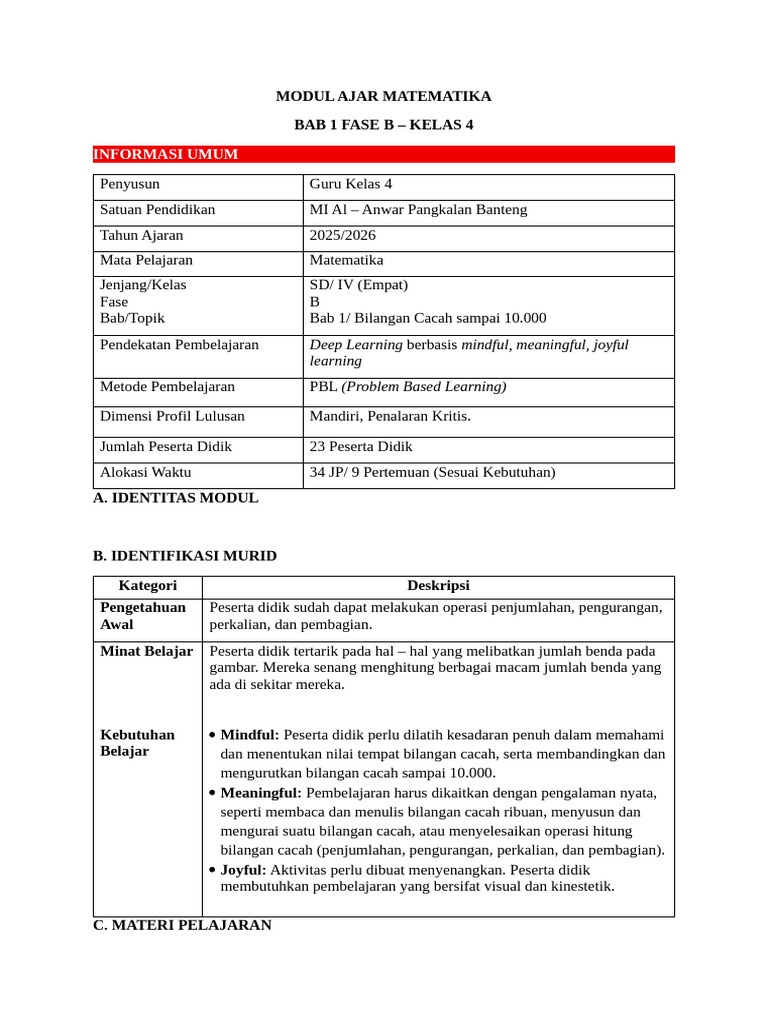 Modul Ajar Deep Learning-Matematika - BAB 3 - Kelas 4 | PDF