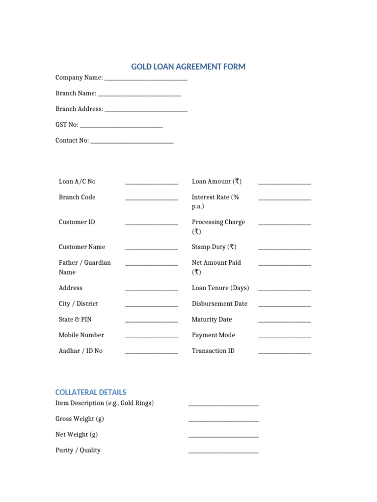 Gold Loan Form Structured Template | PDF | Loans | Interest