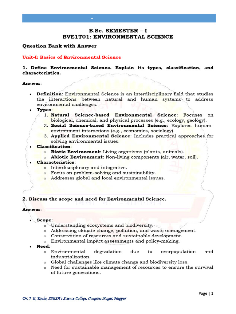 Question Bank Env. Science BVE1T01 (Unit-Wise) | PDF | Ozone Depletion ...