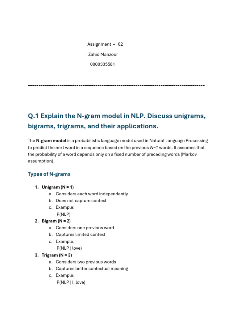 Zahid Manzoor NLP Assignment 02 | PDF | Applied Mathematics | Linguistics