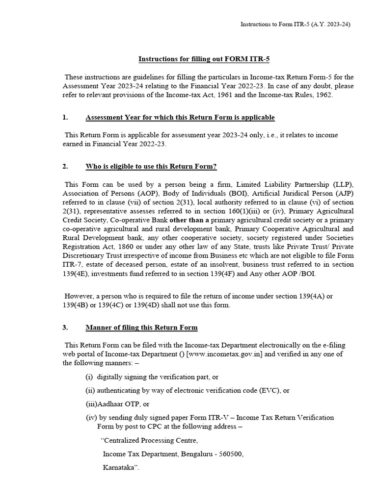 Instructions ITR5 AY 2023 24 | PDF | Income Statement | Equity (Finance)
