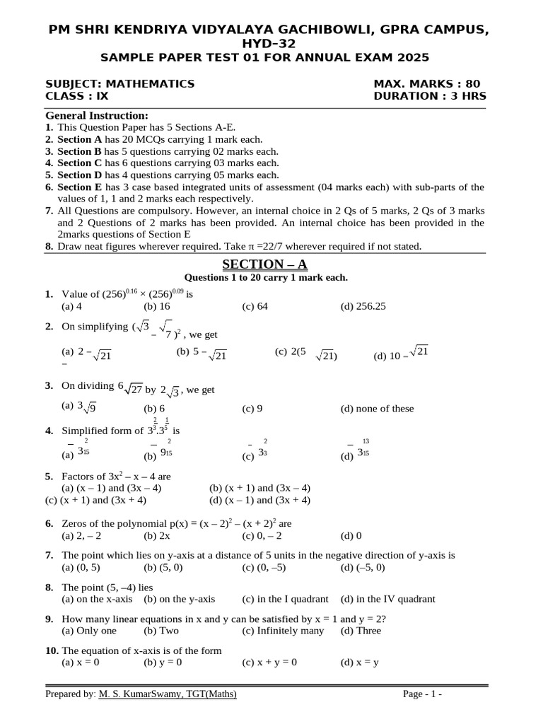 Maths Class Ix Sample Paper Test 01 For Annual Exam 2025 QP | PDF ...