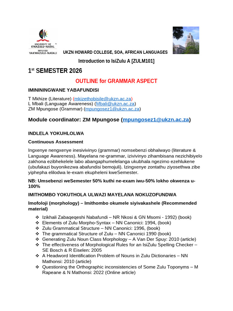 ZULM101-Module Outline-1st Sem 2026 | PDF | Linguistic Morphology | Syntax