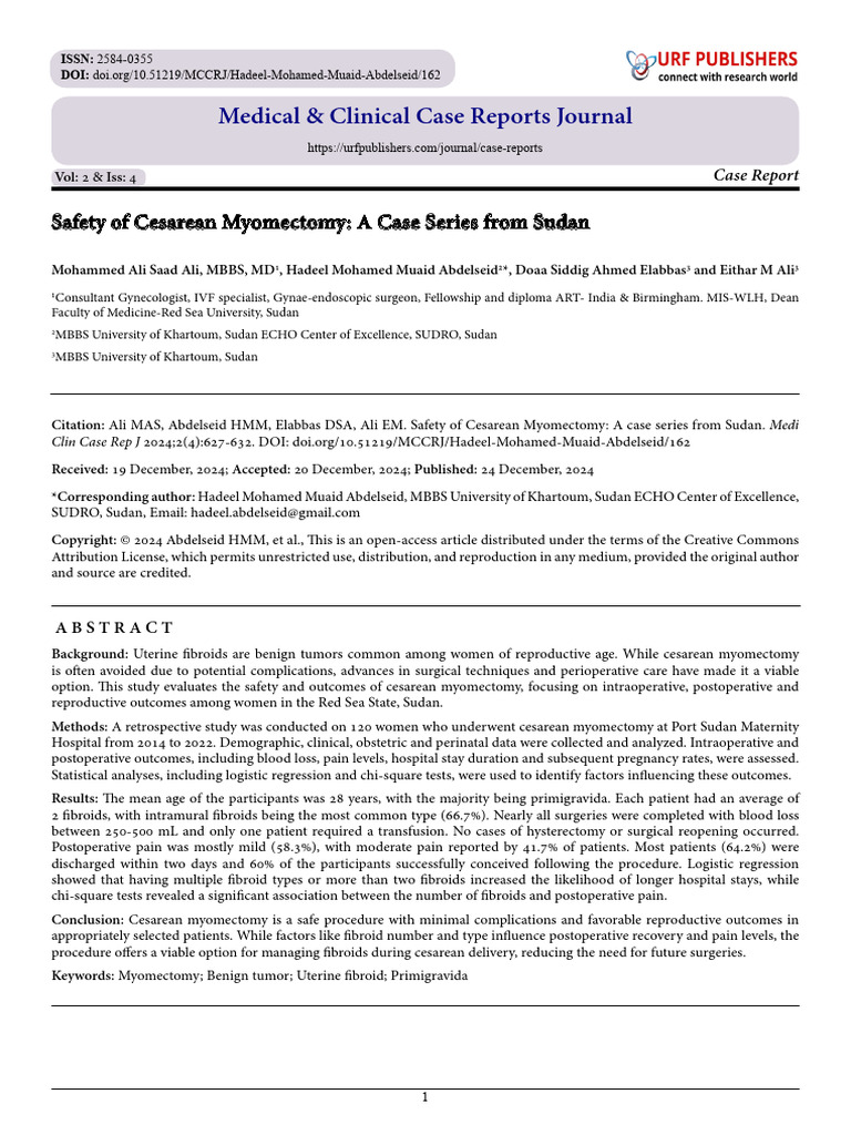 Safety of Cesarean Myomectomy: A Case Series from Sudan | PDF ...