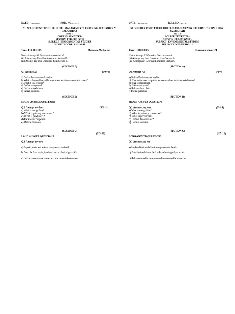 MST Question Paper Format For PTU | PDF | Ecosystem | Ecology