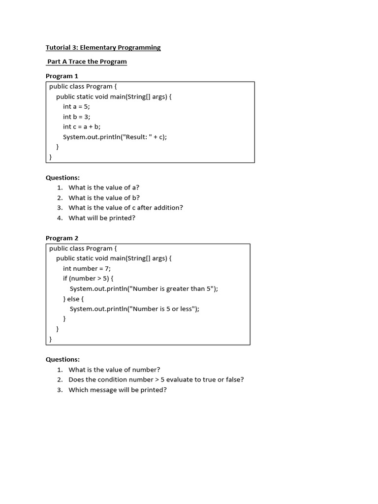 Tutorial 3 Trace The Program | PDF | Computer Programming | Software ...