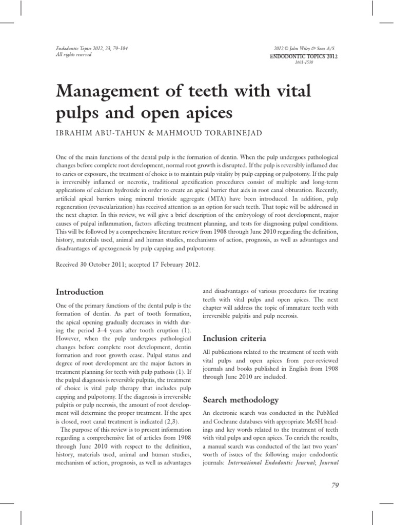 Management of Teeth With Vital Pulps and Open Apices | PDF | Dentistry ...