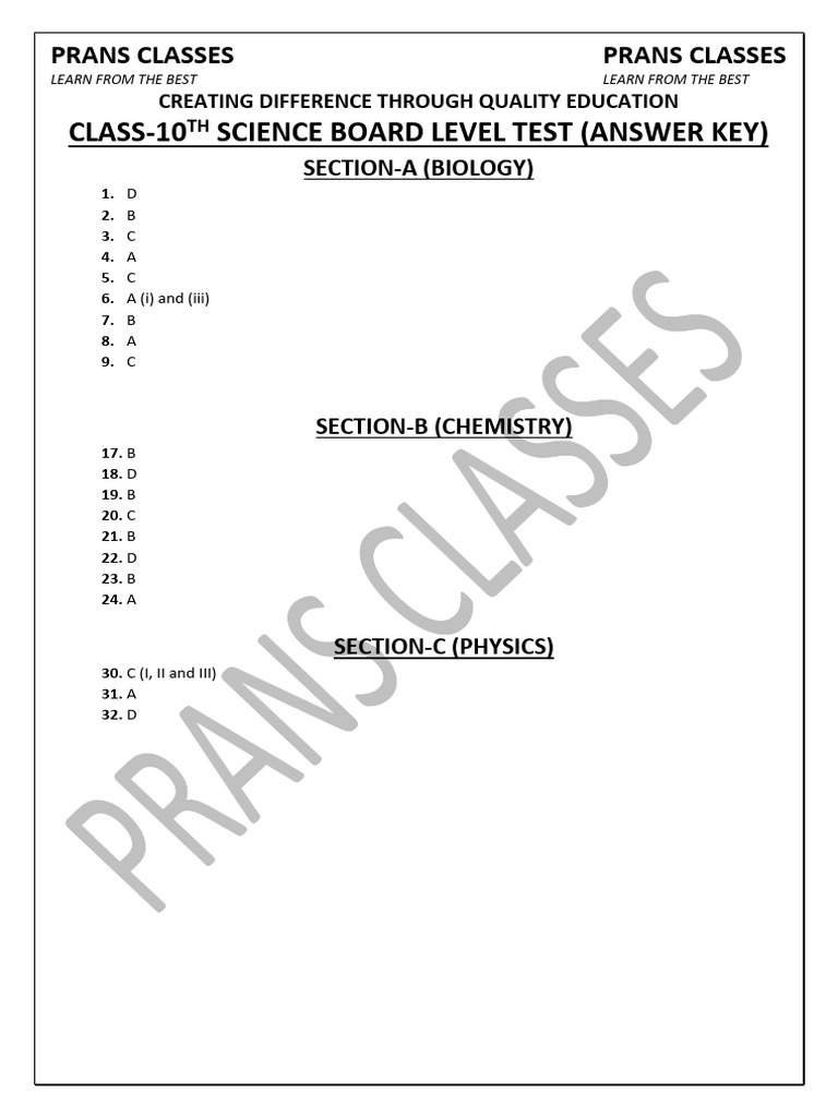 Board Level Test (Answer Key) | PDF