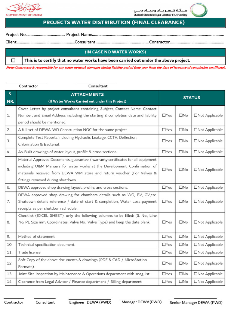 Water Checklist - Projects Water Distribution | PDF