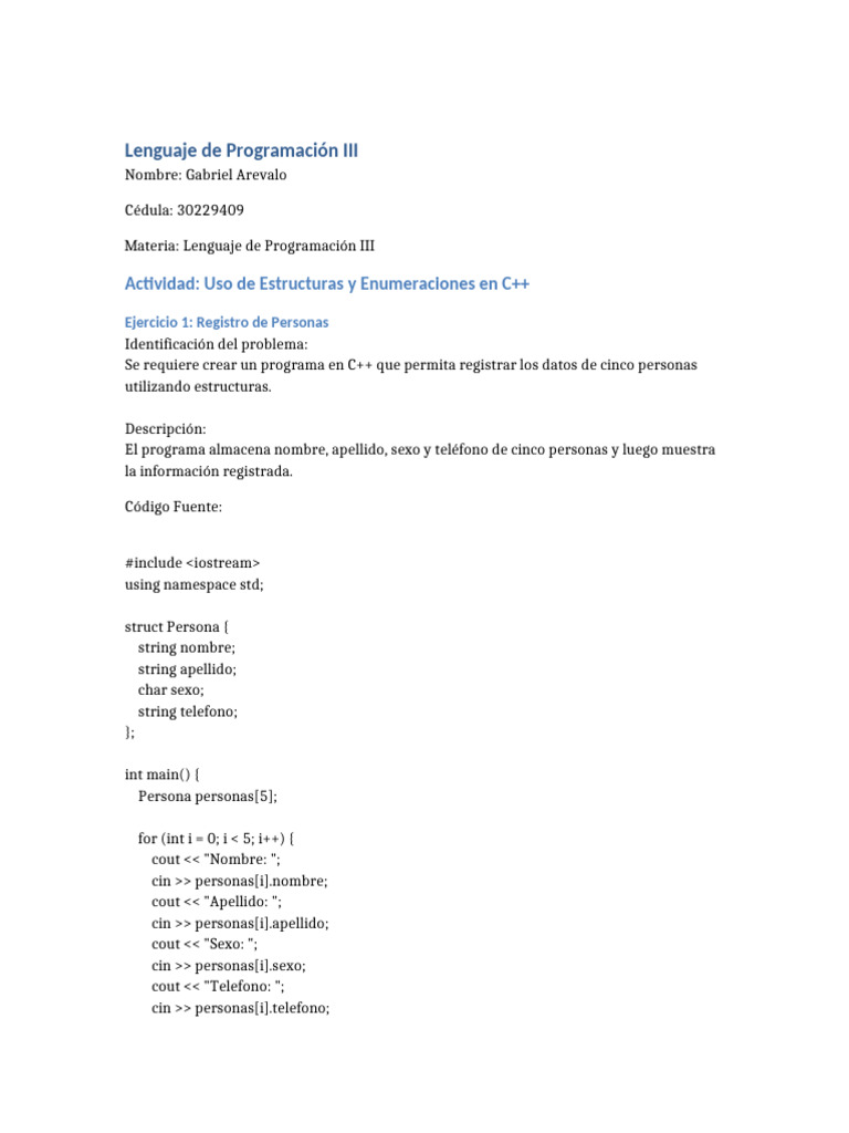 Actividad Estructuras CPP Gabriel Arevalo | PDF
