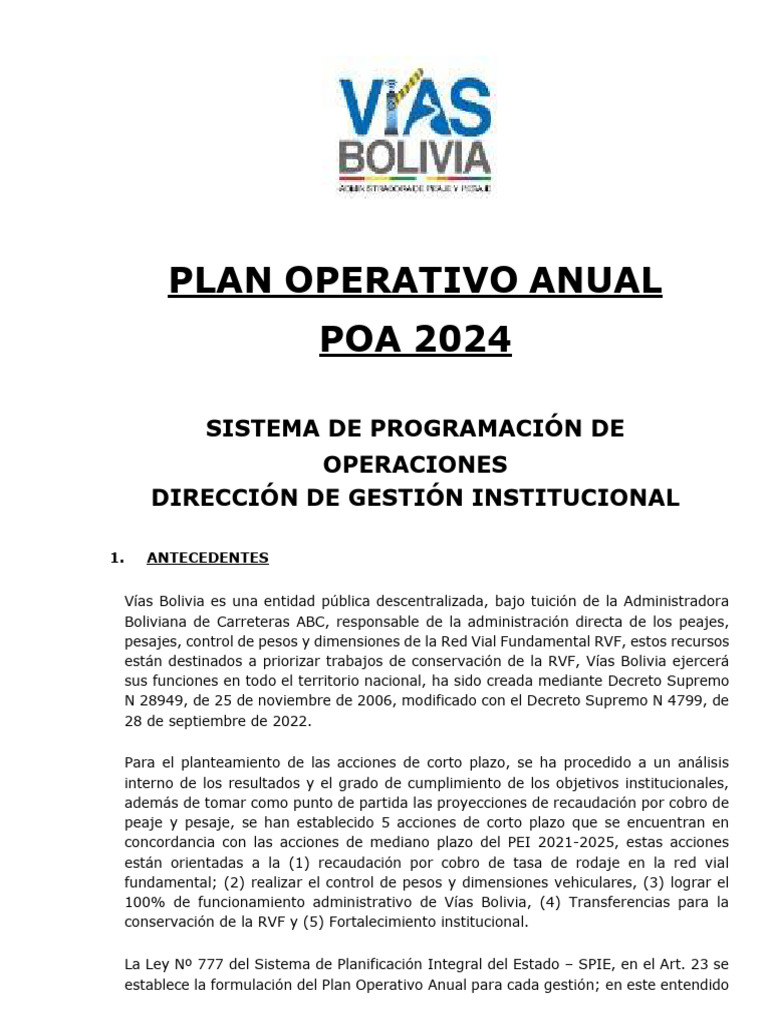 Plan Operativo Anual Poa 2024 | PDF | Bolivia | Planificación