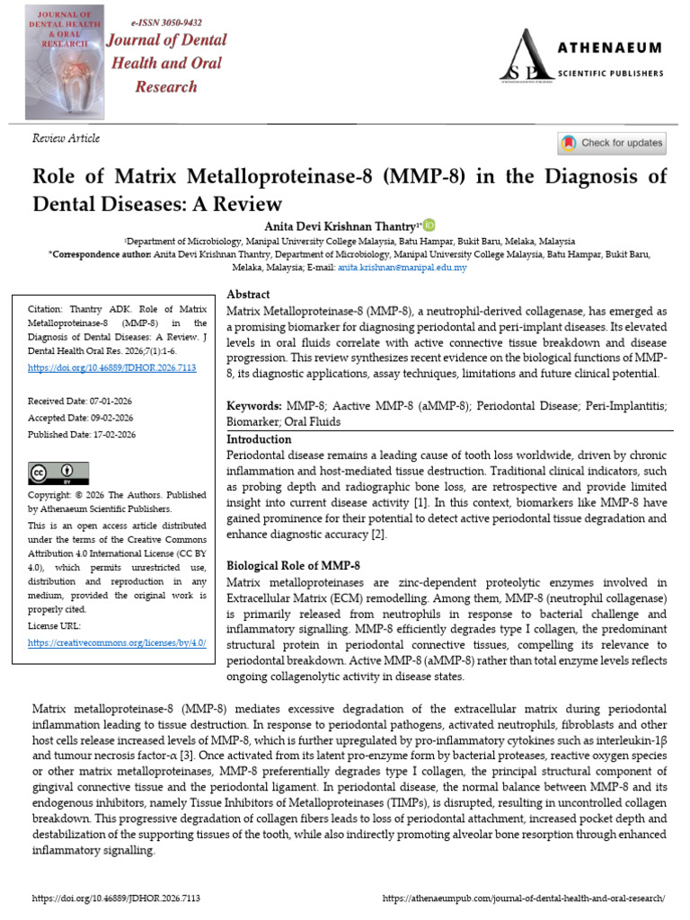 Role of Matrix Metalloproteinase 8 MMP 8 in The Diagnosis of Dental ...