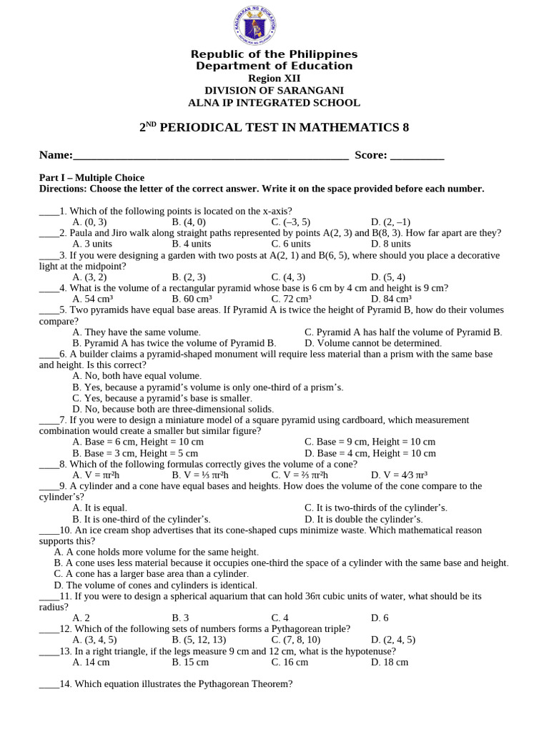 Dtc_pt_q2 Mathematics 8 Matatag With Tos Key | PDF | Triangle ...