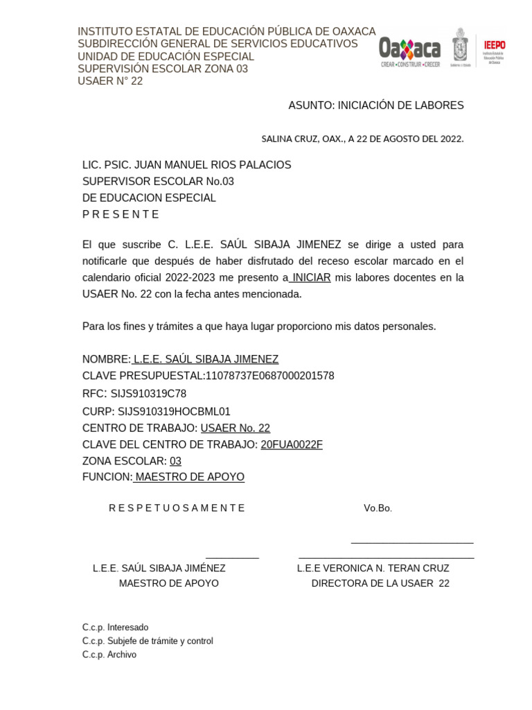 Iniciacio?n de Labores Agosto 22-23 Bien | PDF