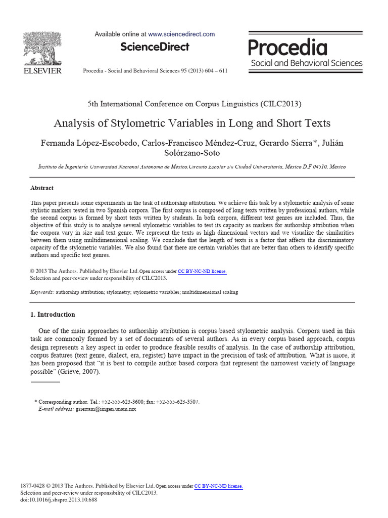 Analysis of Stylometric Variables in Long 2013 Procedia Social and ...