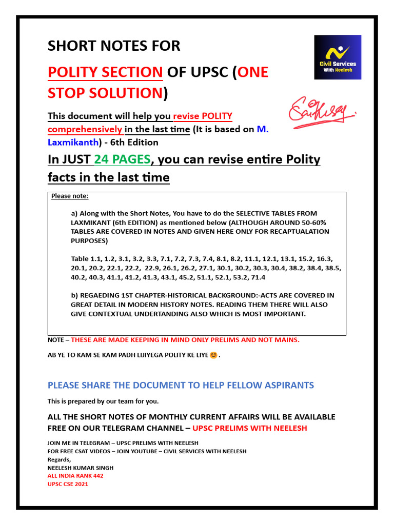 Polity Short Notes Last Minute Revision | PDF