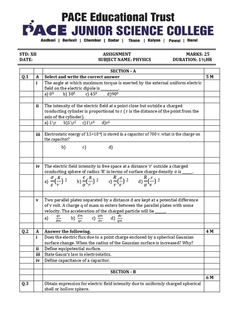 Electrostatics Assignment (1) 111 | PDF | Capacitor | Capacitance