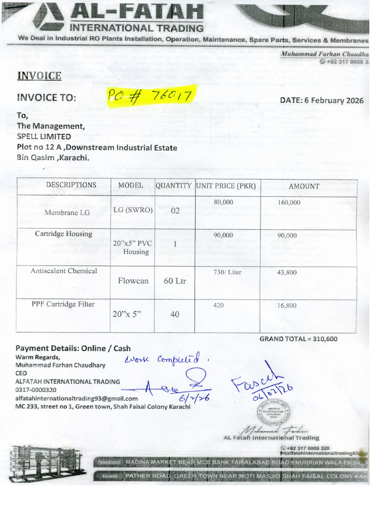 Invoice RO Plant Repair - Al Fatah Emgineering | PDF