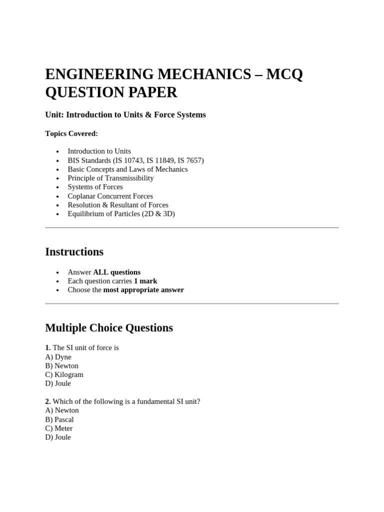 Engineering Mechanics Unit 1 MCQ | PDF | Force | Newton's Laws Of Motion