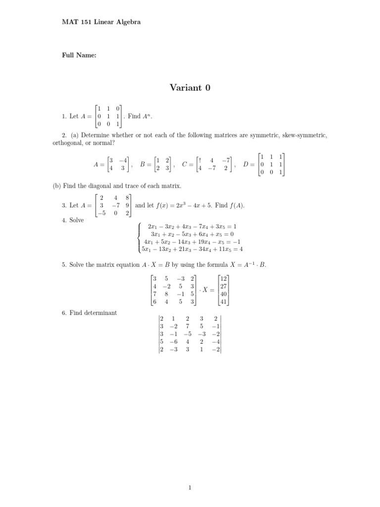 Quiz 1 List of Problems Linear Algebra Spring 2025 | PDF