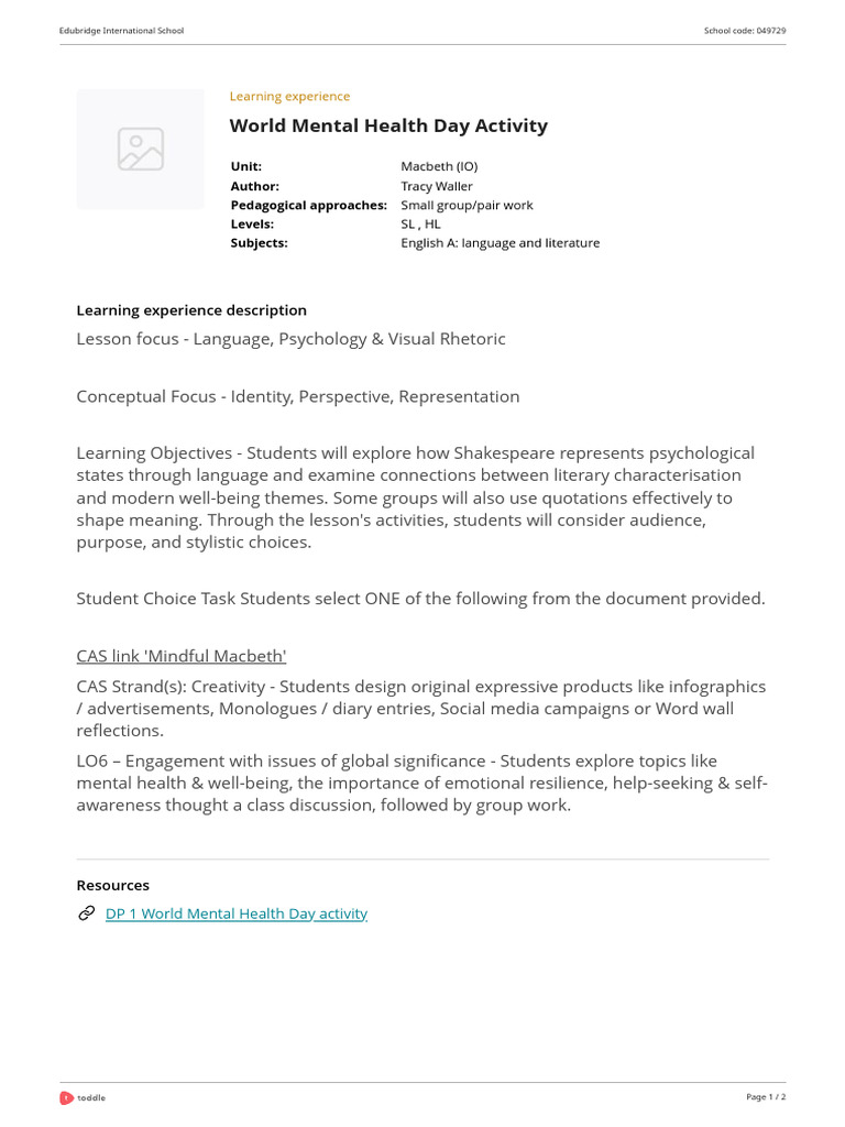 World Mental Health Day Lesson Plan | PDF