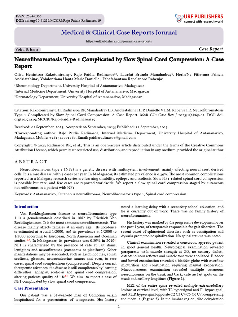 Neurofibromatosis Type 1 Complicated by Slow Spinal Cord Compression: A ...