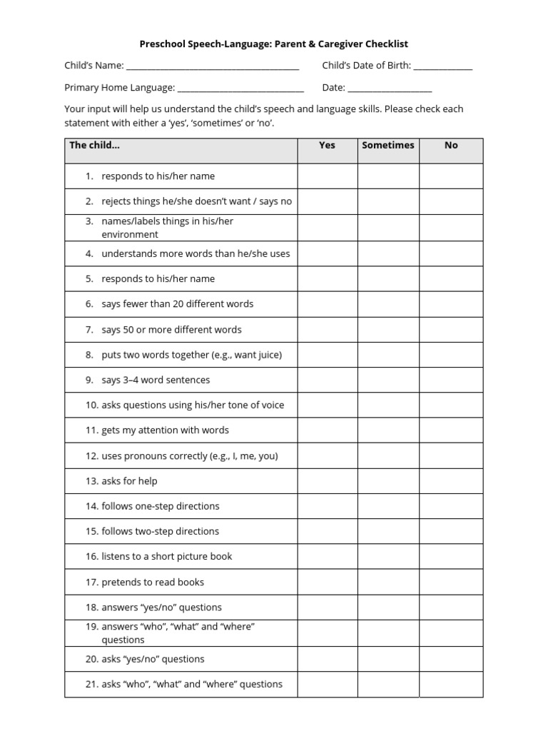 Speech Lang Preschool Checklist | PDF | Question | Preschool