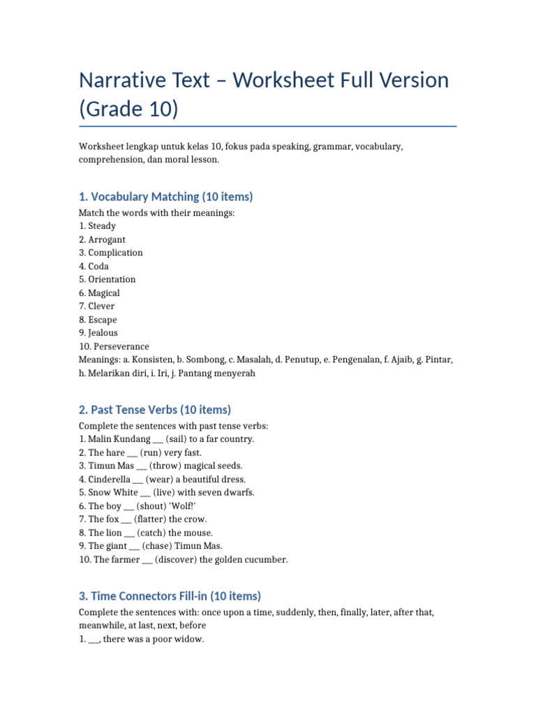 Narrative Text Worksheet Full | PDF