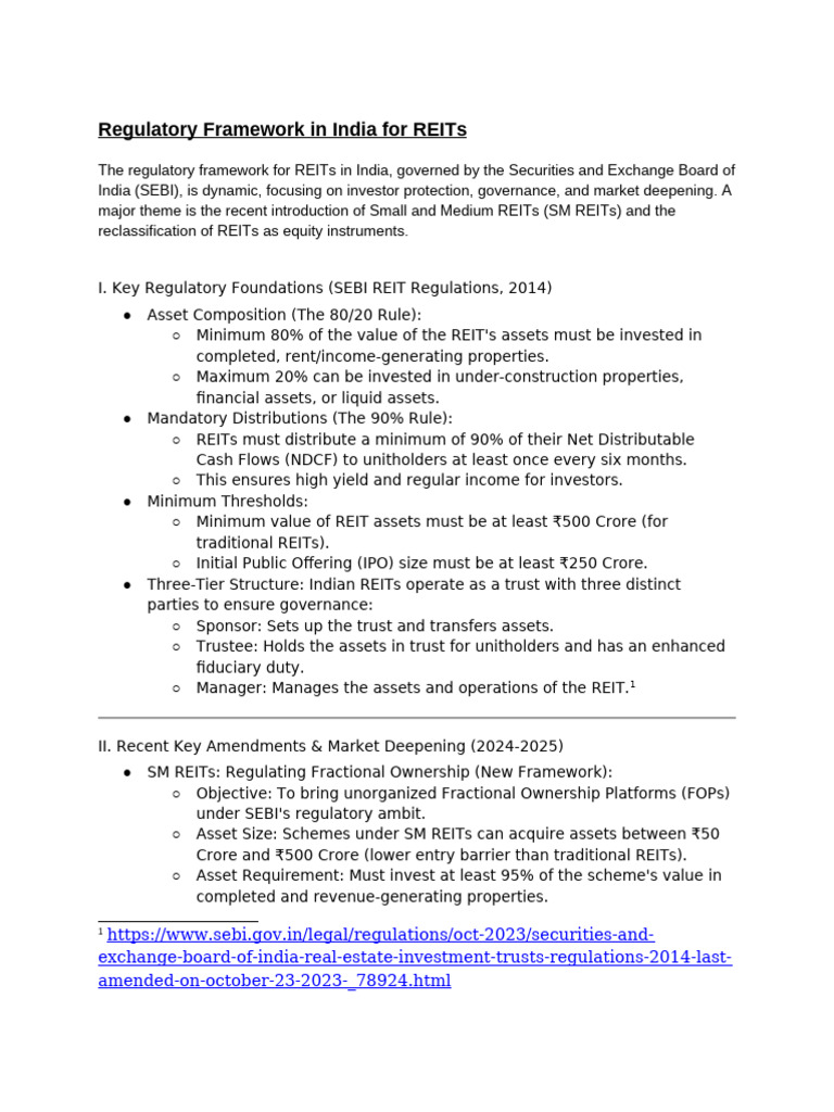 Regulatory Framework in India For Reits | PDF | Real Estate Investment ...