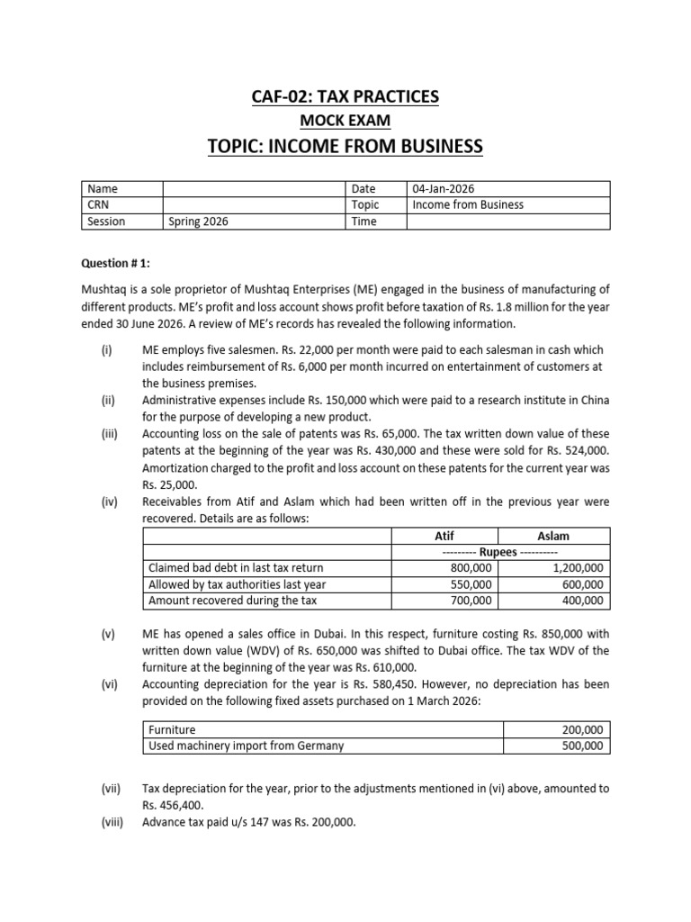 IFB new grand final Mock - Spring-26 | PDF | Taxes | Depreciation