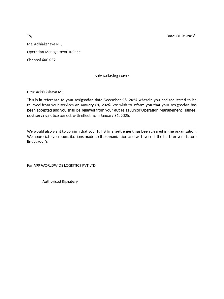 Adhiakshaya Relieving Letter | PDF