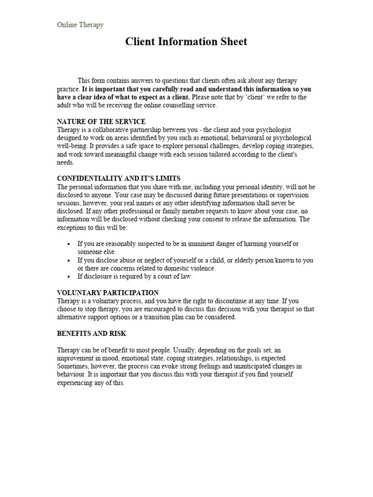 Client Discolure Sheet For Early Career Psychologist | PDF ...