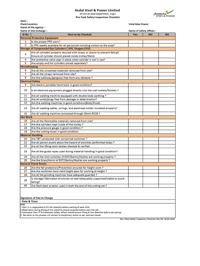Daily Safety Inspection Checklist - SSD - R2 | PDF | Welding | Construction