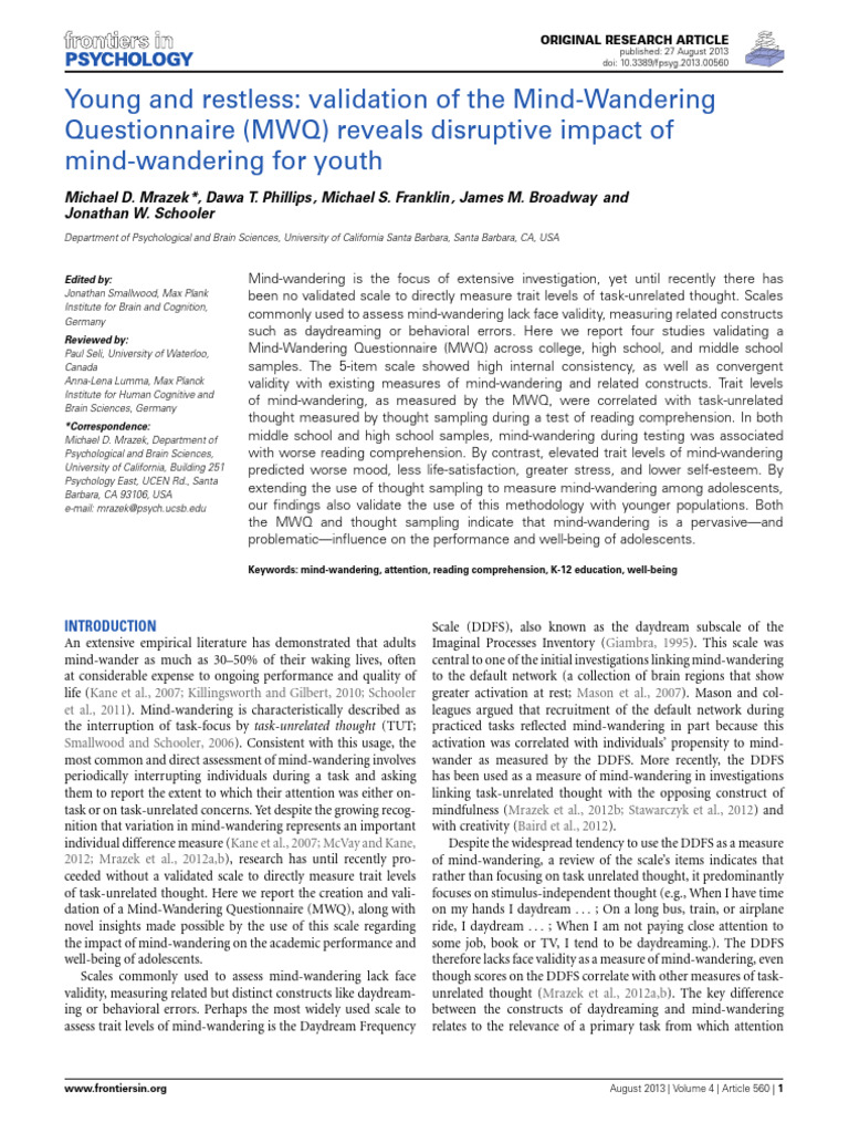 Fpsyg 04 00560 | PDF | Mind Wandering | Attention Deficit Hyperactivity ...