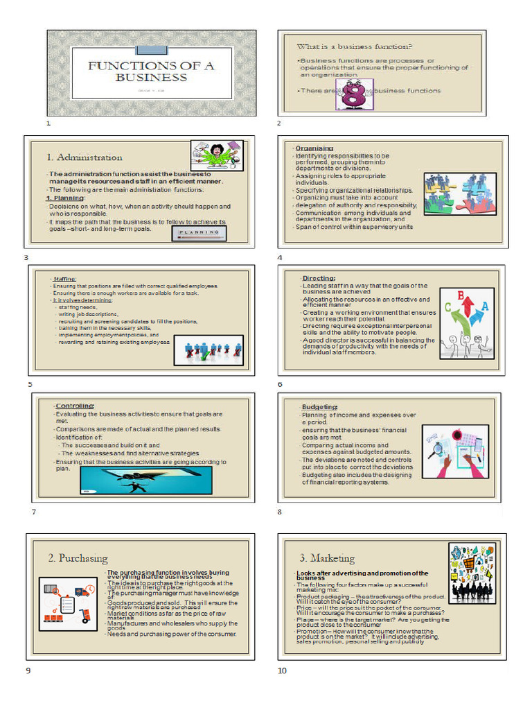 Gr 9 - Functions of a Business - Notes | PDF