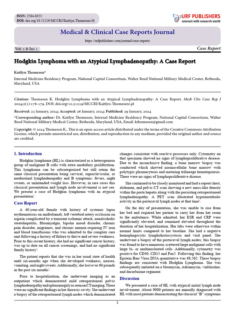 Hodgkin Lymphoma With An Atypical Lymphadenopathy: A Case Report | PDF ...