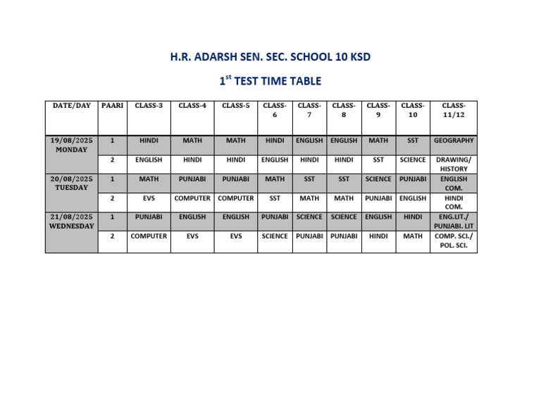 1st Test Time Table3 | PDF