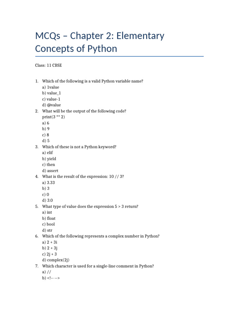 MCQs Chapter 2 Elementary Concepts of Python Class 11 | PDF | Python ...