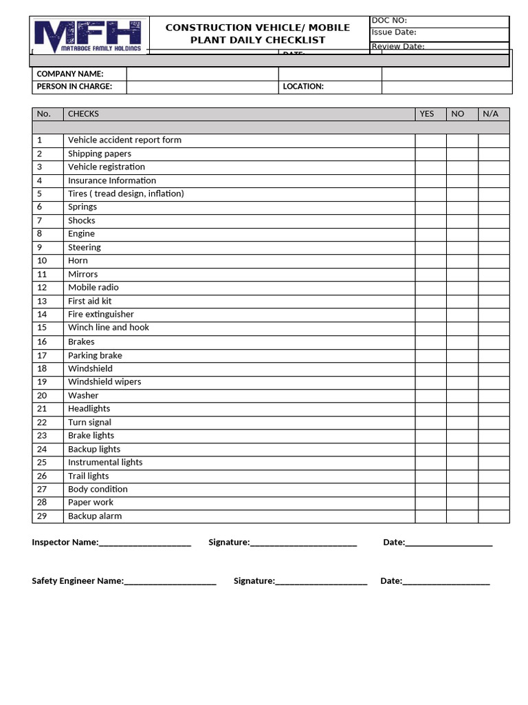CONSTRUCTION VEHICLE Checklist | PDF | Vehicles | Car Body Styles