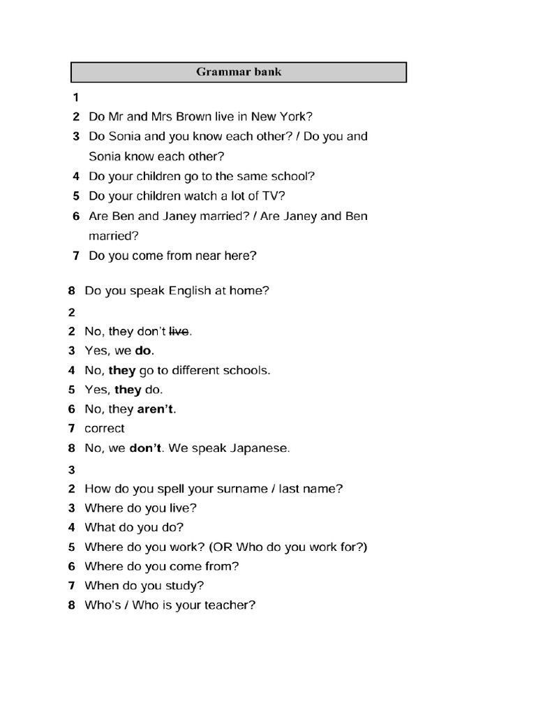 1A - Answer Key - Grammar & Vocabulary | PDF