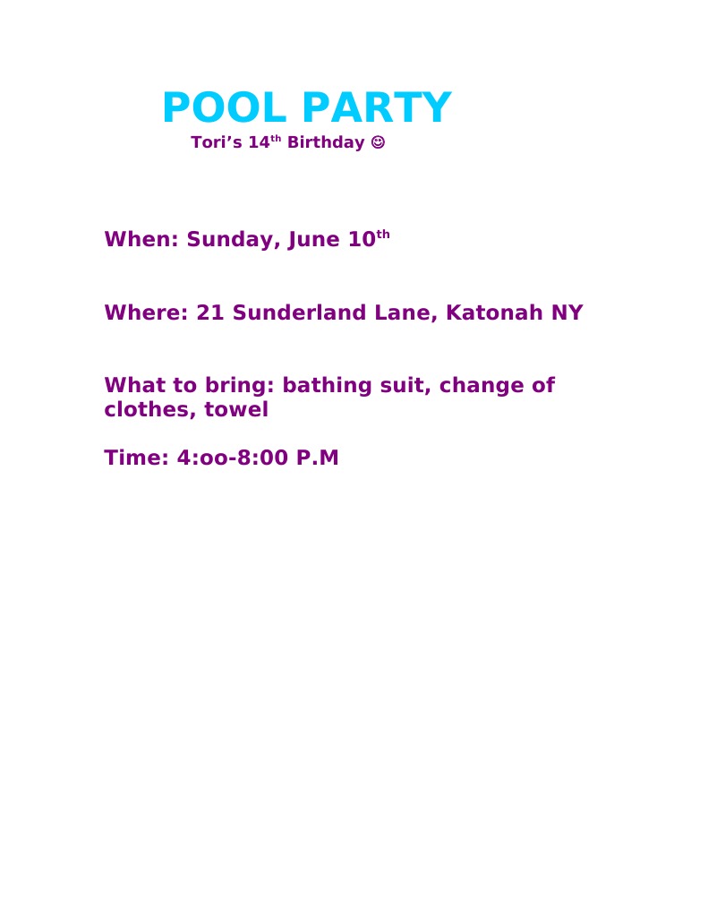 Tori's 14th Birthday Pool Party Details | PDF
