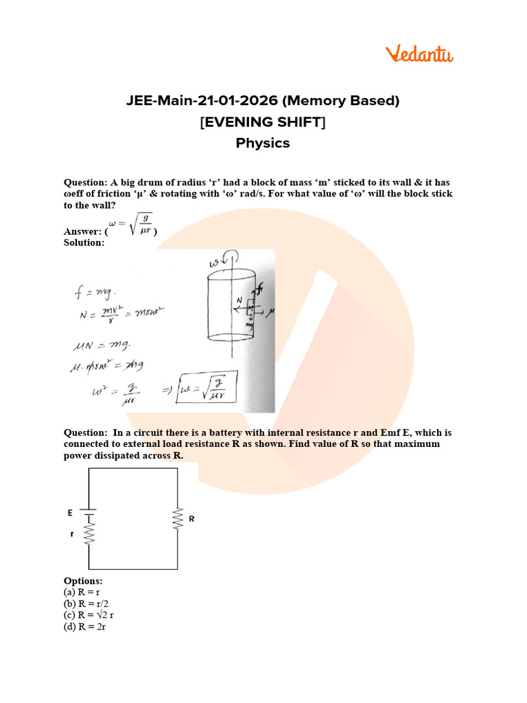 JEE Mains 2026 Jan 21 Shift 2 Physics Question Paper With Answer Key ...