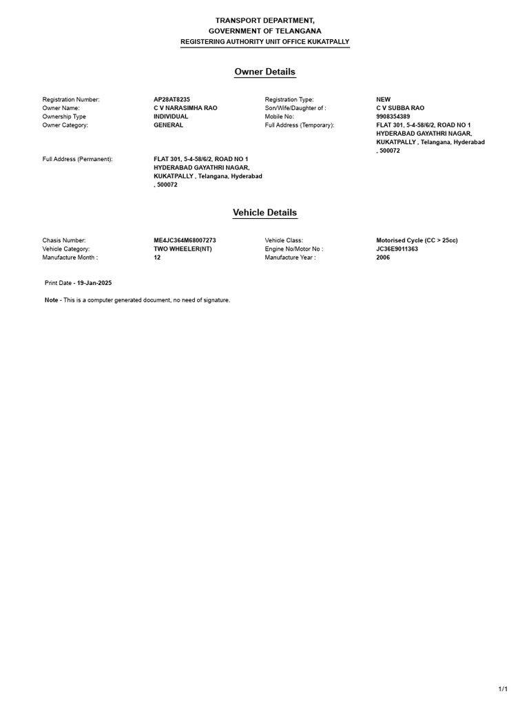 Ap28at8235 Vehicle Registration in Parivahan | PDF