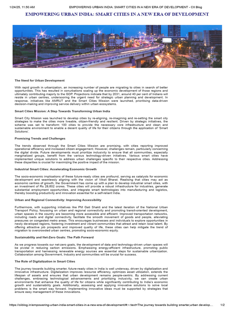 Empowering Urban India - Smart Cities in A New Era of Development | PDF