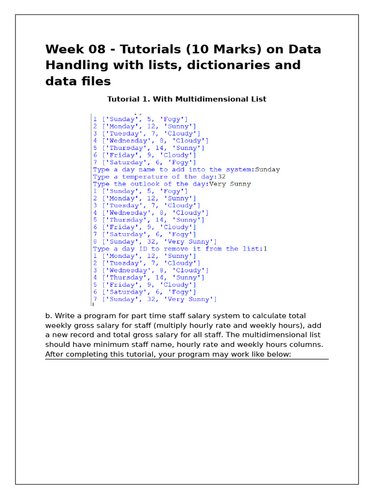 Week 08 - Tutorials (10 Marks) On Data Handling With Lists ...
