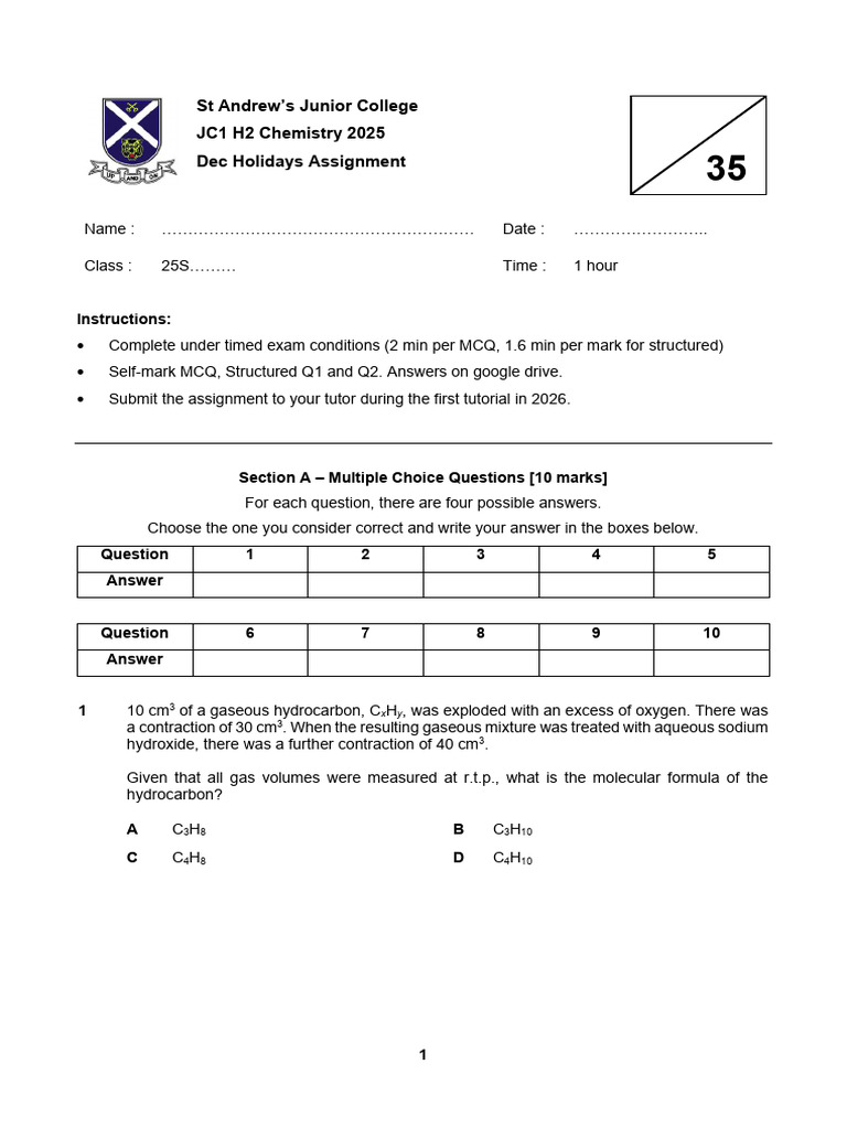 SAJC - 2025 Dec Holiday Assignment - Students | PDF | Chemical ...