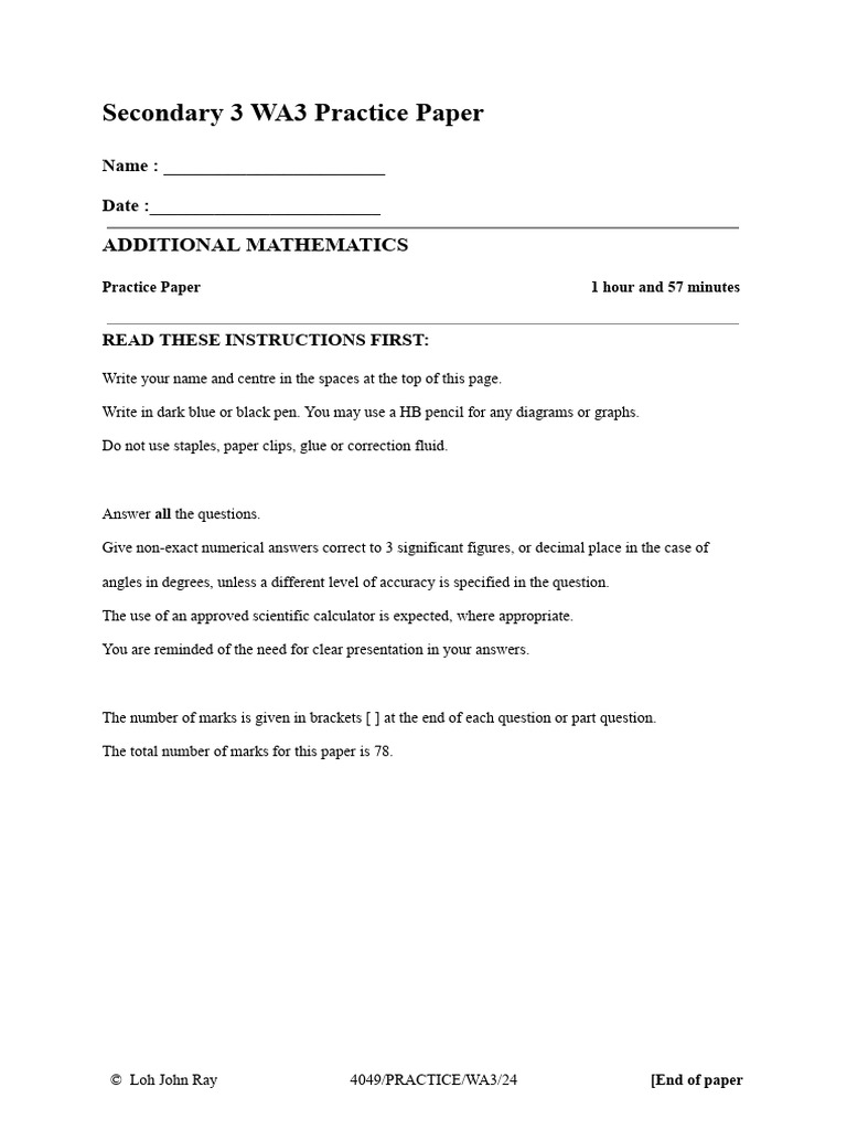 Sec 3 WA3 a-Math Practice Paper | PDF | Circle | Signal To Noise Ratio