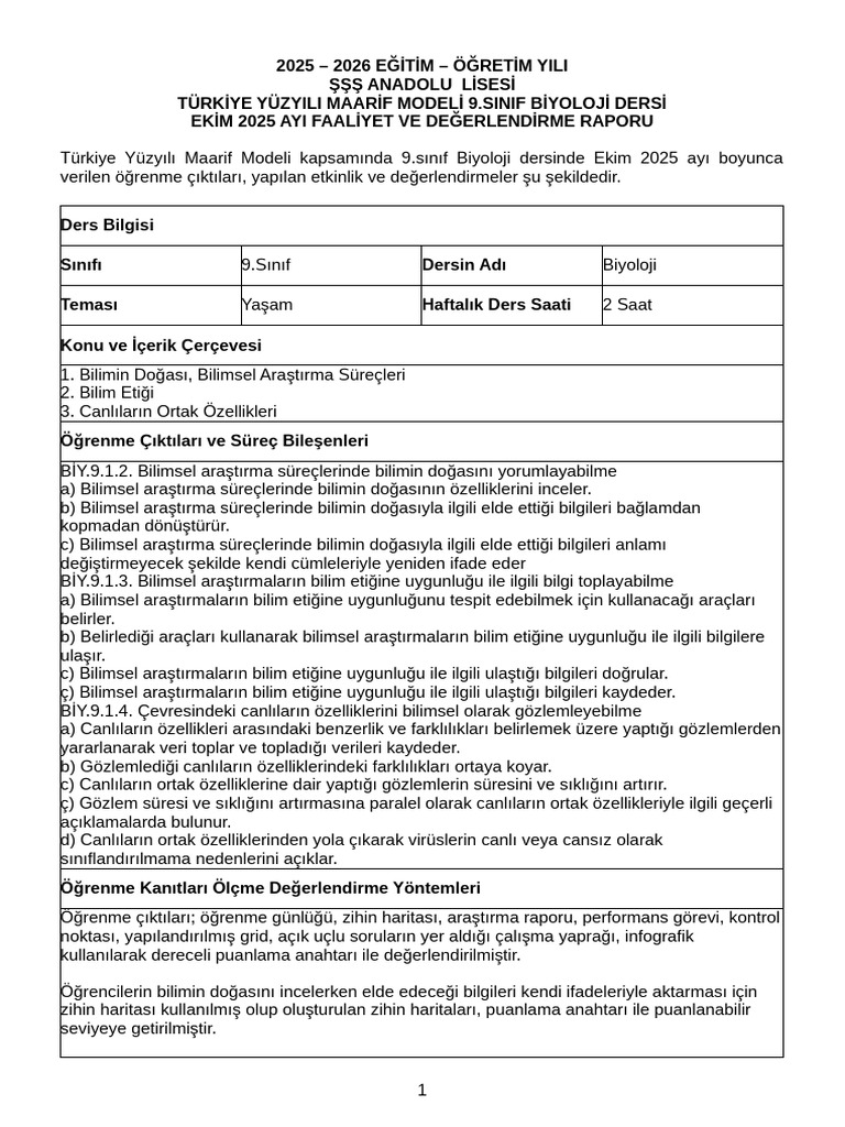 2 9 Sinif Ekim 2025 Aylik Faaliyet Ve Degerlendirme Raporu 1764573535 | PDF